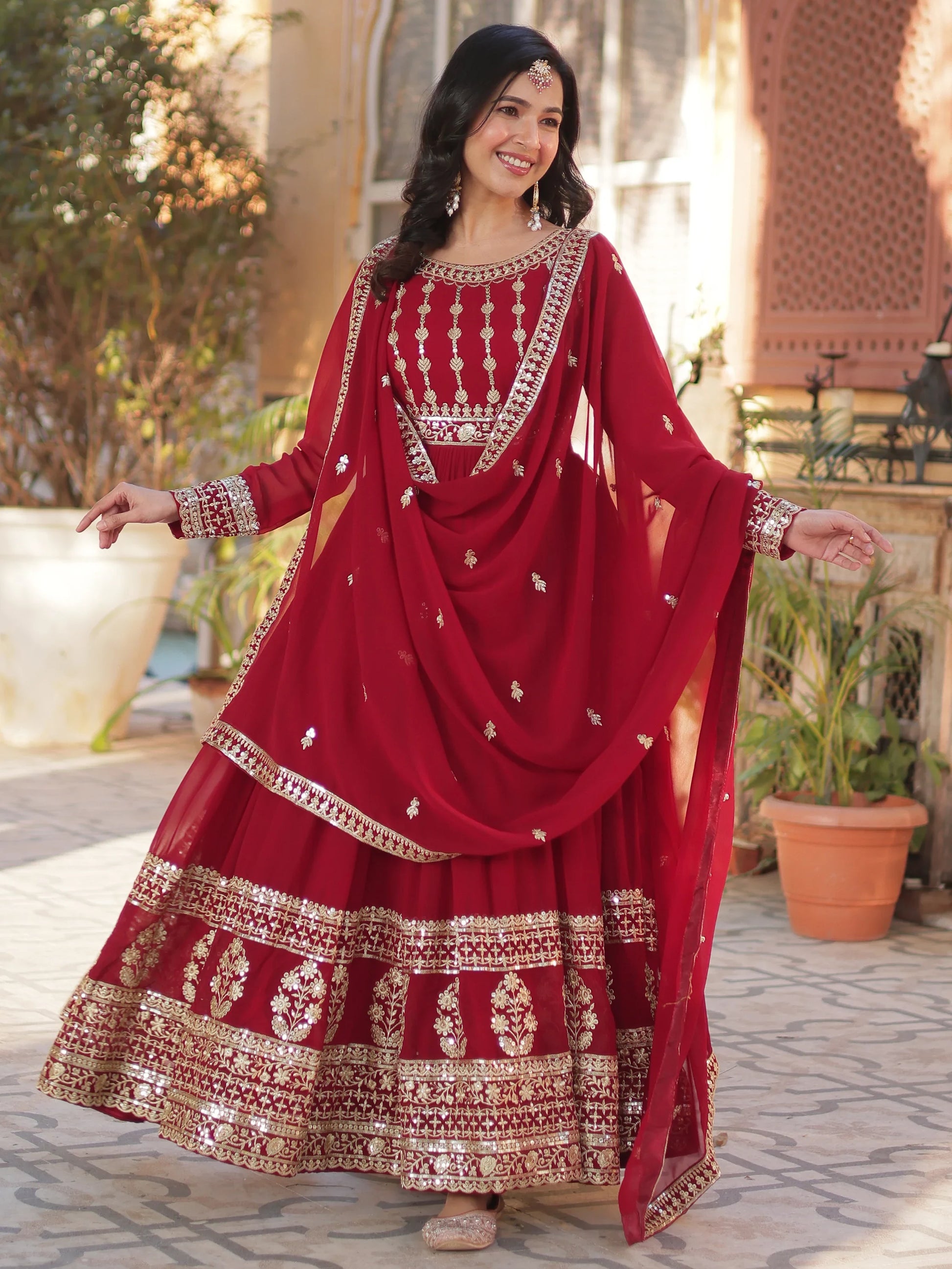 Attractive Maroon Zari Embroidery Georgette Wedding Wear Gown With Dupatta - Zeel Clothing
