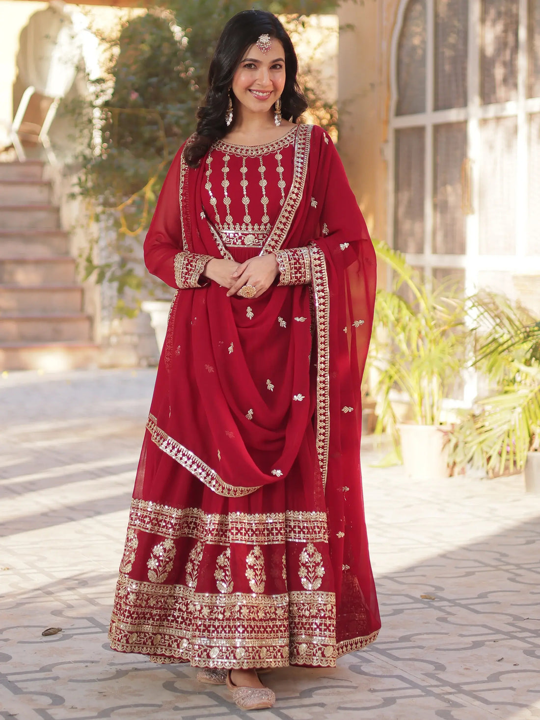 Attractive Maroon Zari Embroidery Georgette Wedding Wear Gown With Dupatta - Zeel Clothing