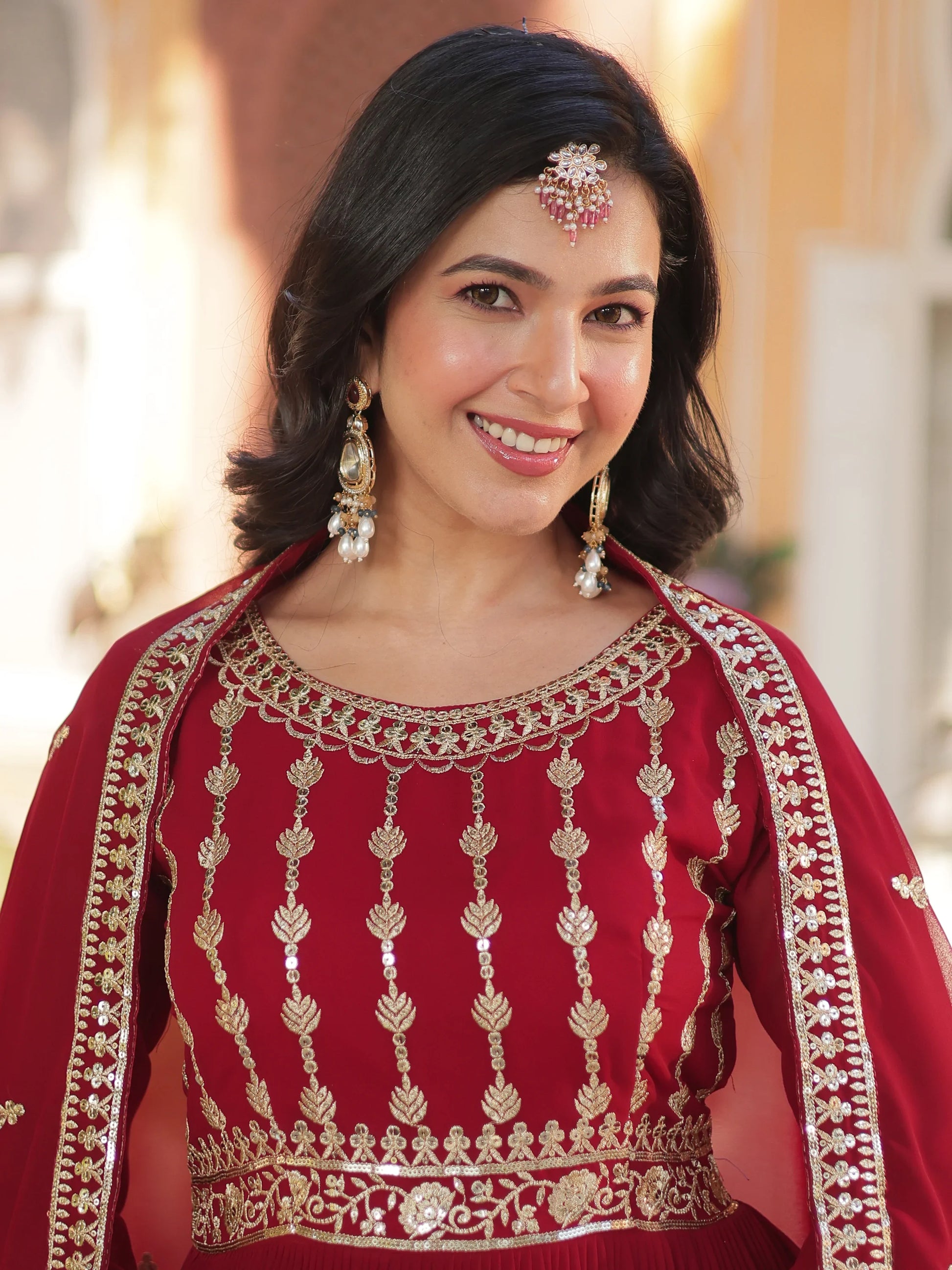 Attractive Maroon Zari Embroidery Georgette Wedding Wear Gown With Dupatta - Zeel Clothing