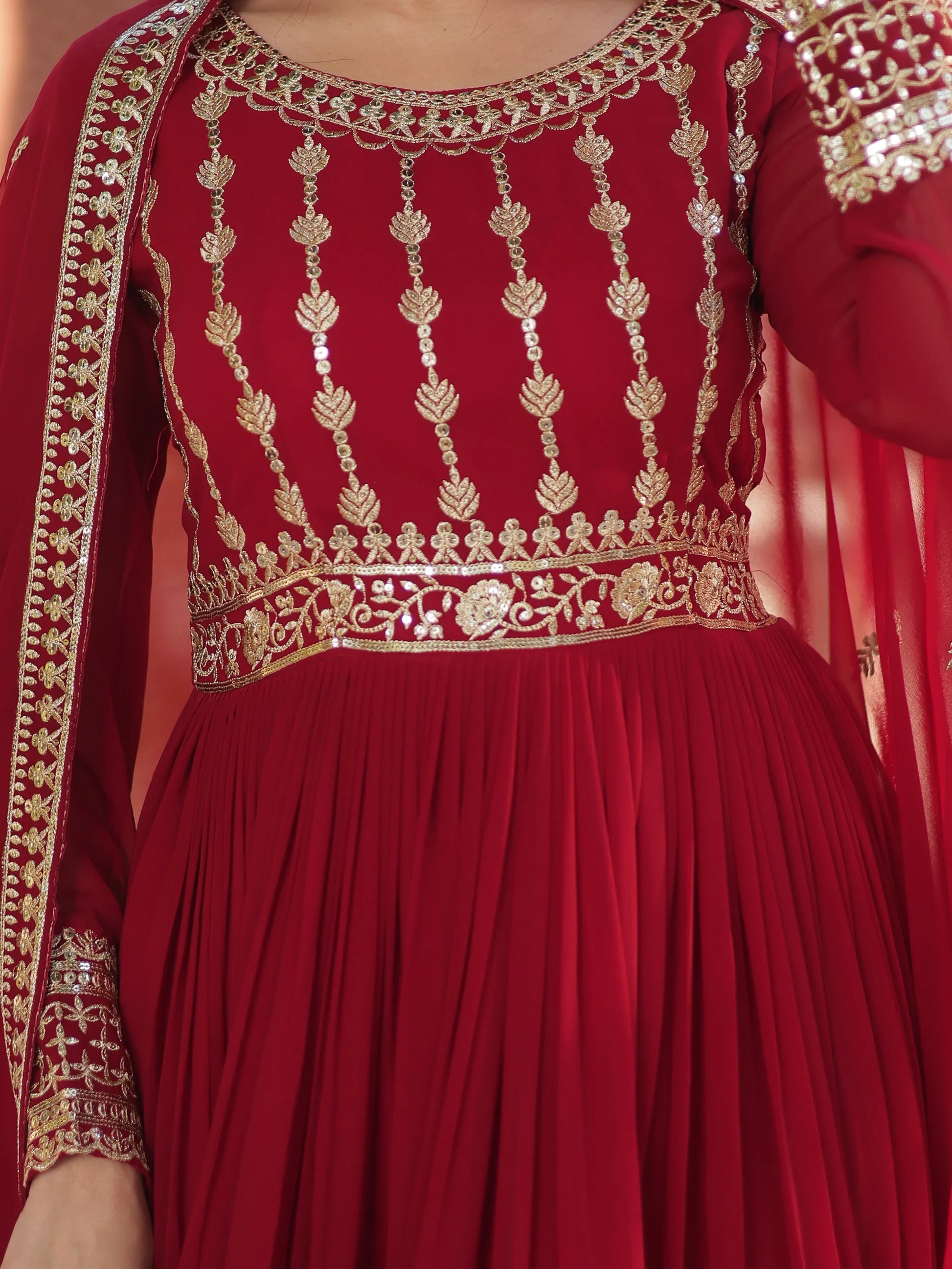 Attractive Maroon Zari Embroidery Georgette Wedding Wear Gown With Dupatta - Zeel Clothing