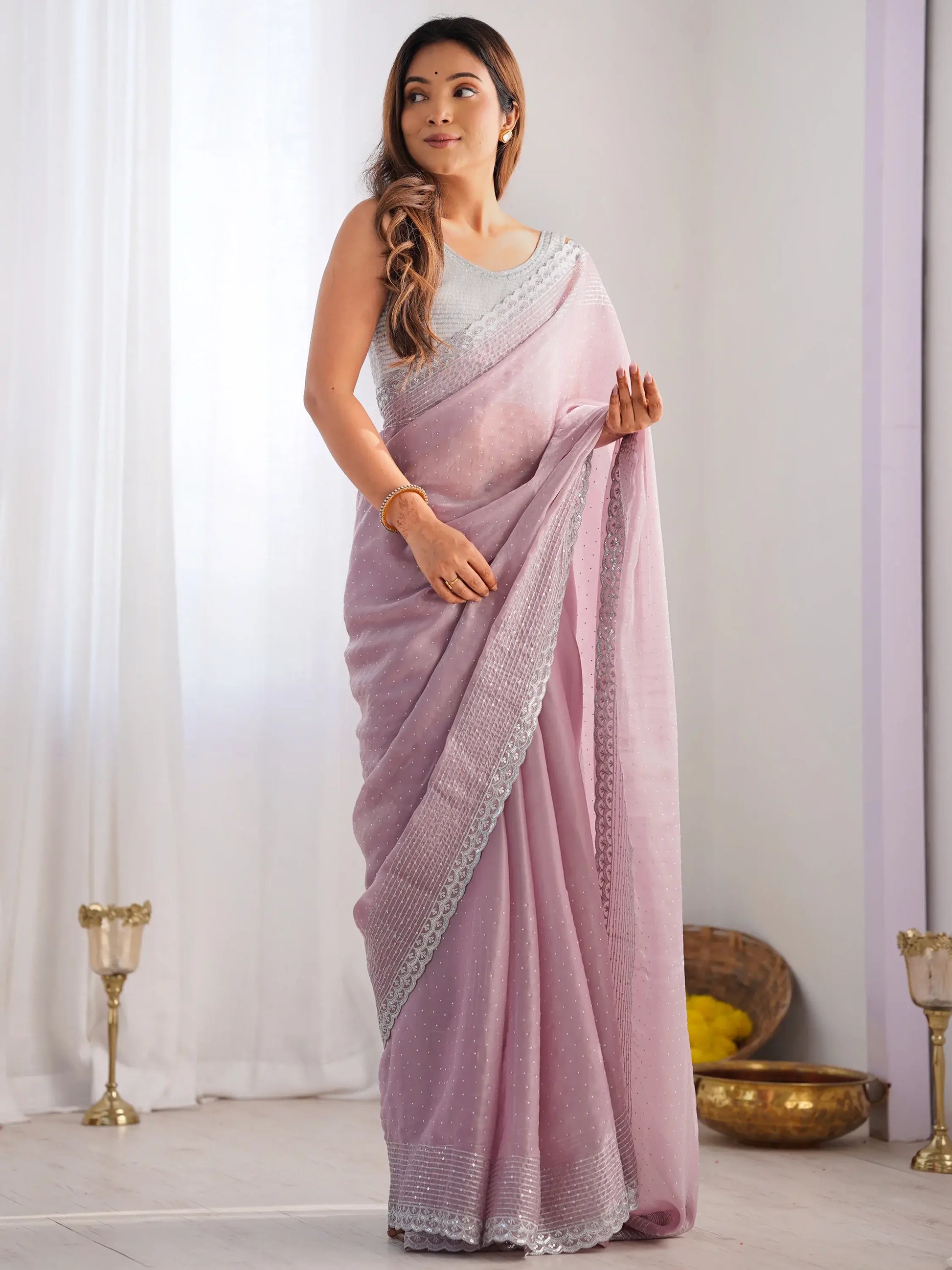 Attractive Mauve Swarovski Work Organza Festival Wear Saree - Zeel Clothing