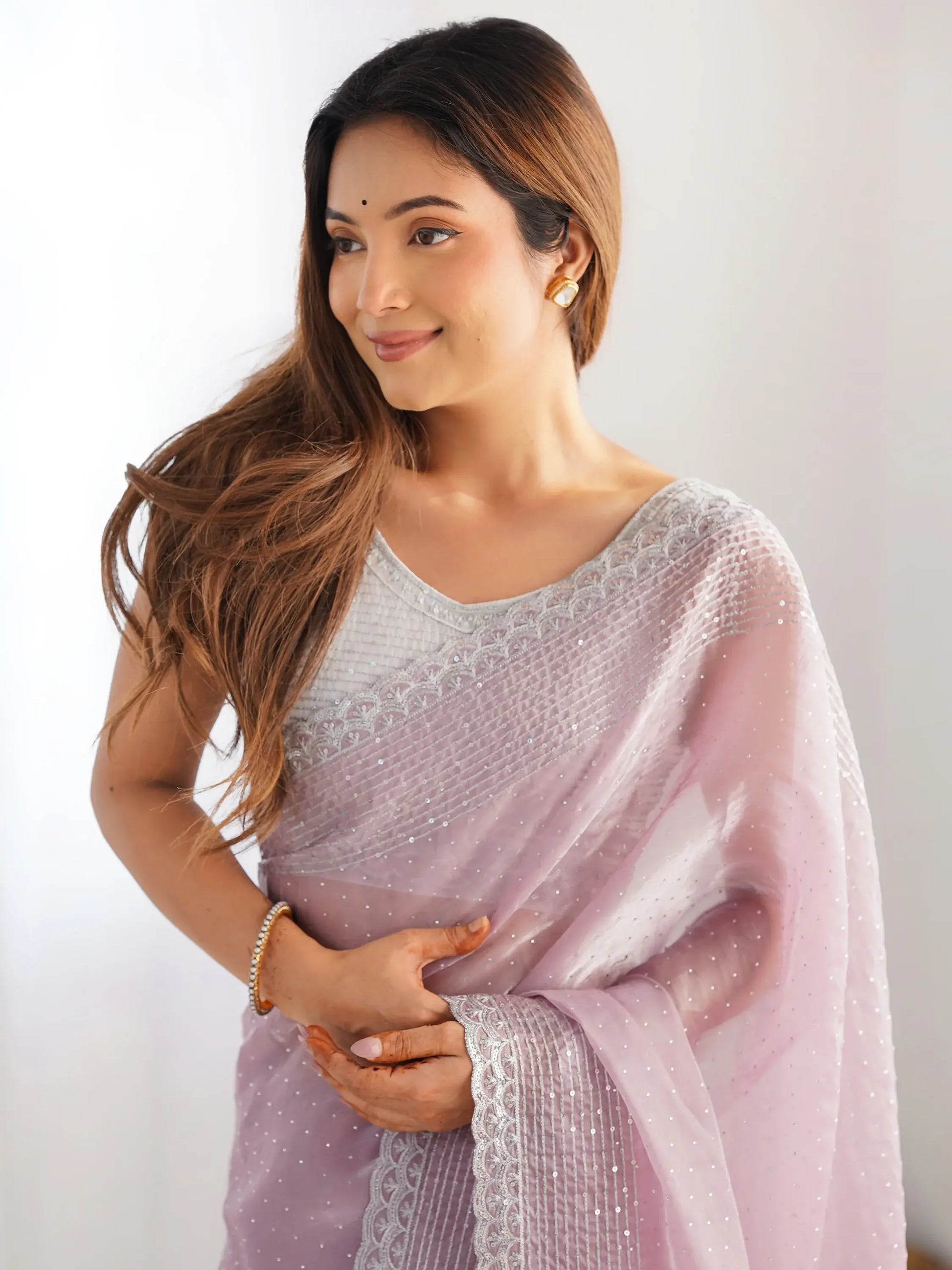 Attractive Mauve Swarovski Work Organza Festival Wear Saree - Zeel Clothing