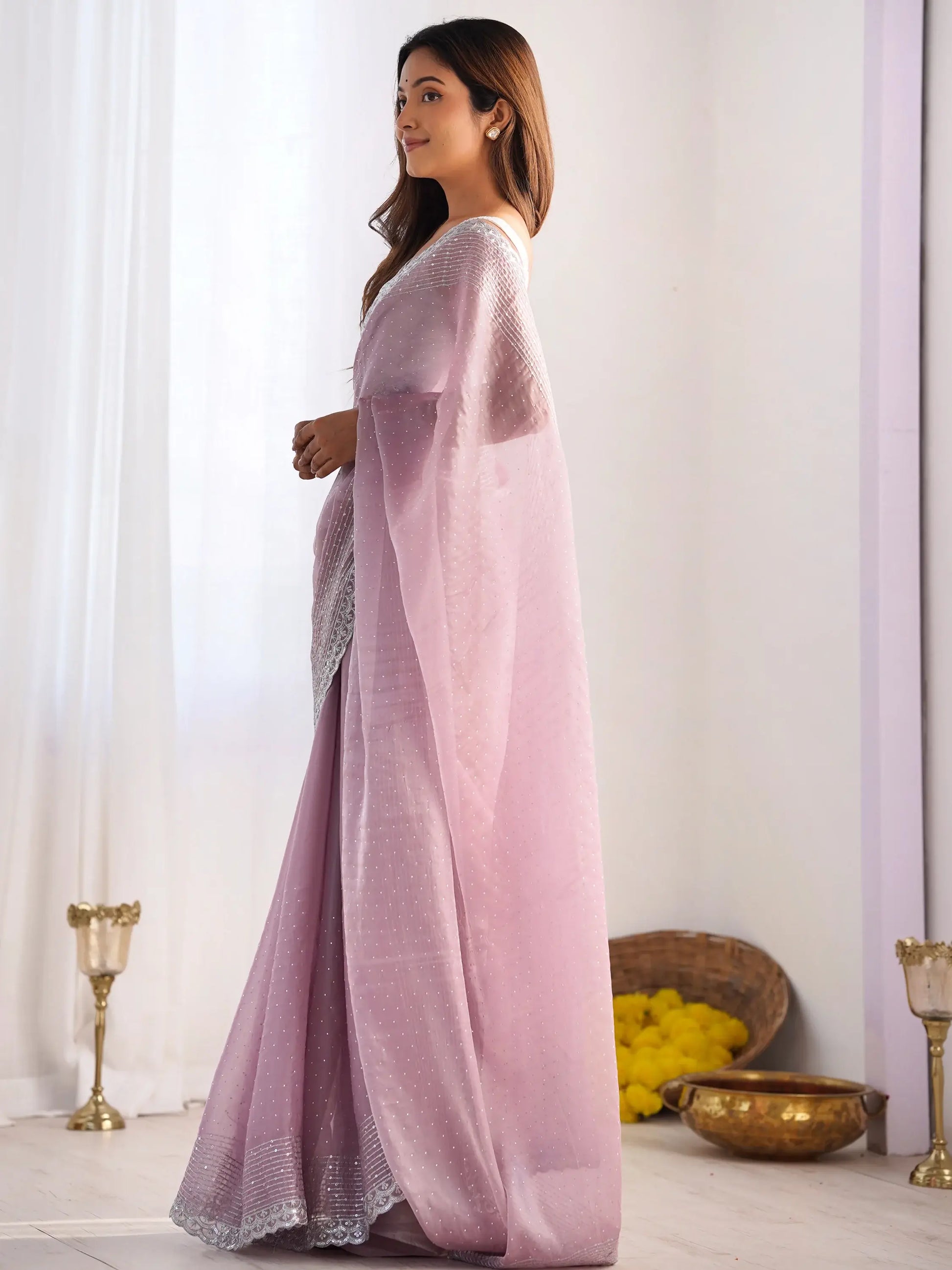 Attractive Mauve Swarovski Work Organza Festival Wear Saree - Zeel Clothing