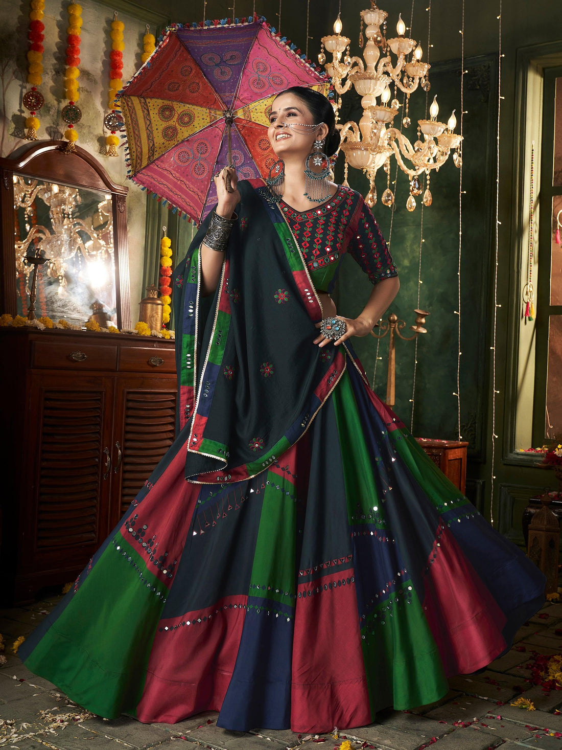 Attractive Multi-Color Cotton Navratri Lehenga Choli With Dupatta