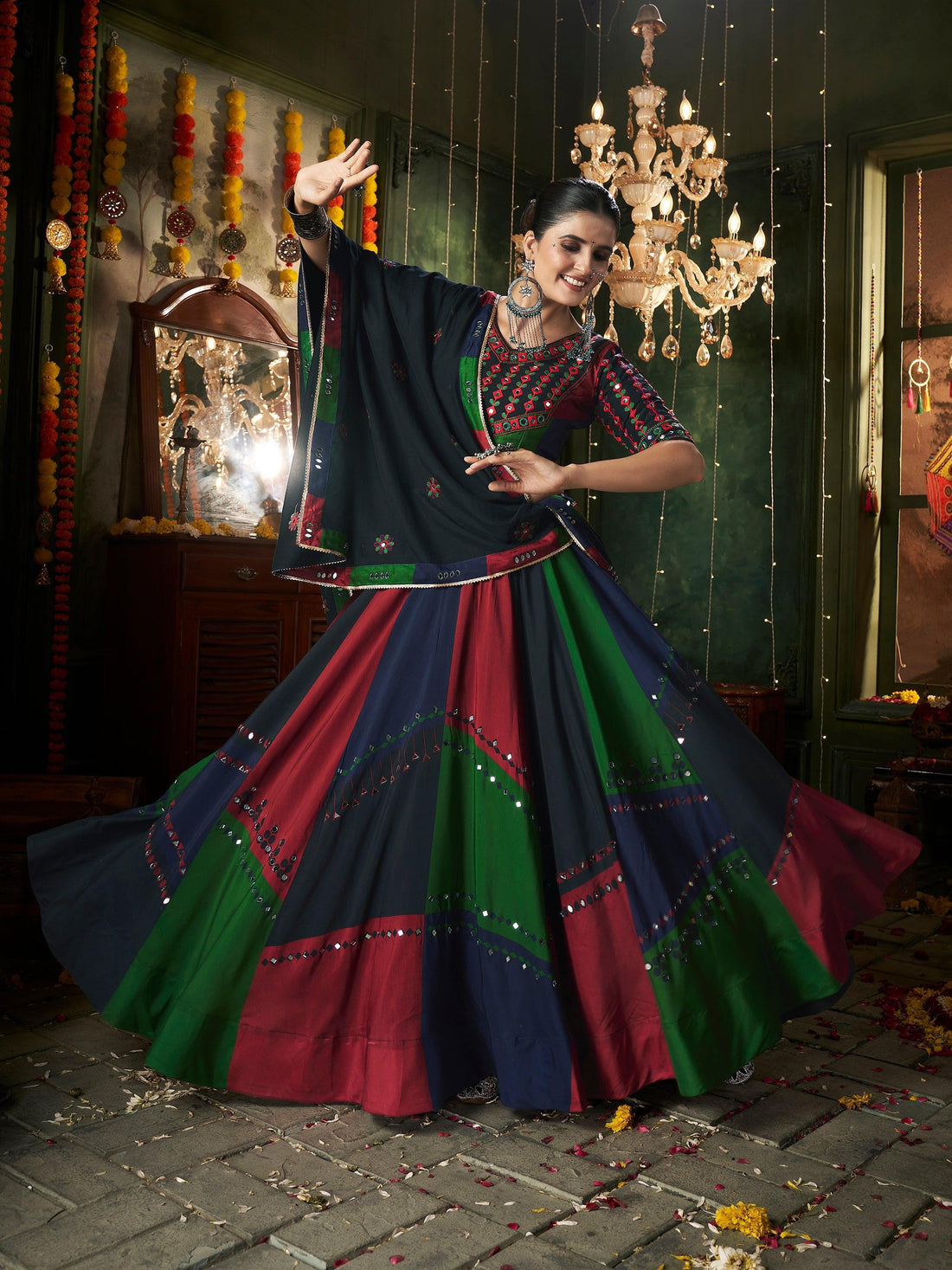 Attractive Multi-Color Cotton Navratri Lehenga Choli With Dupatta