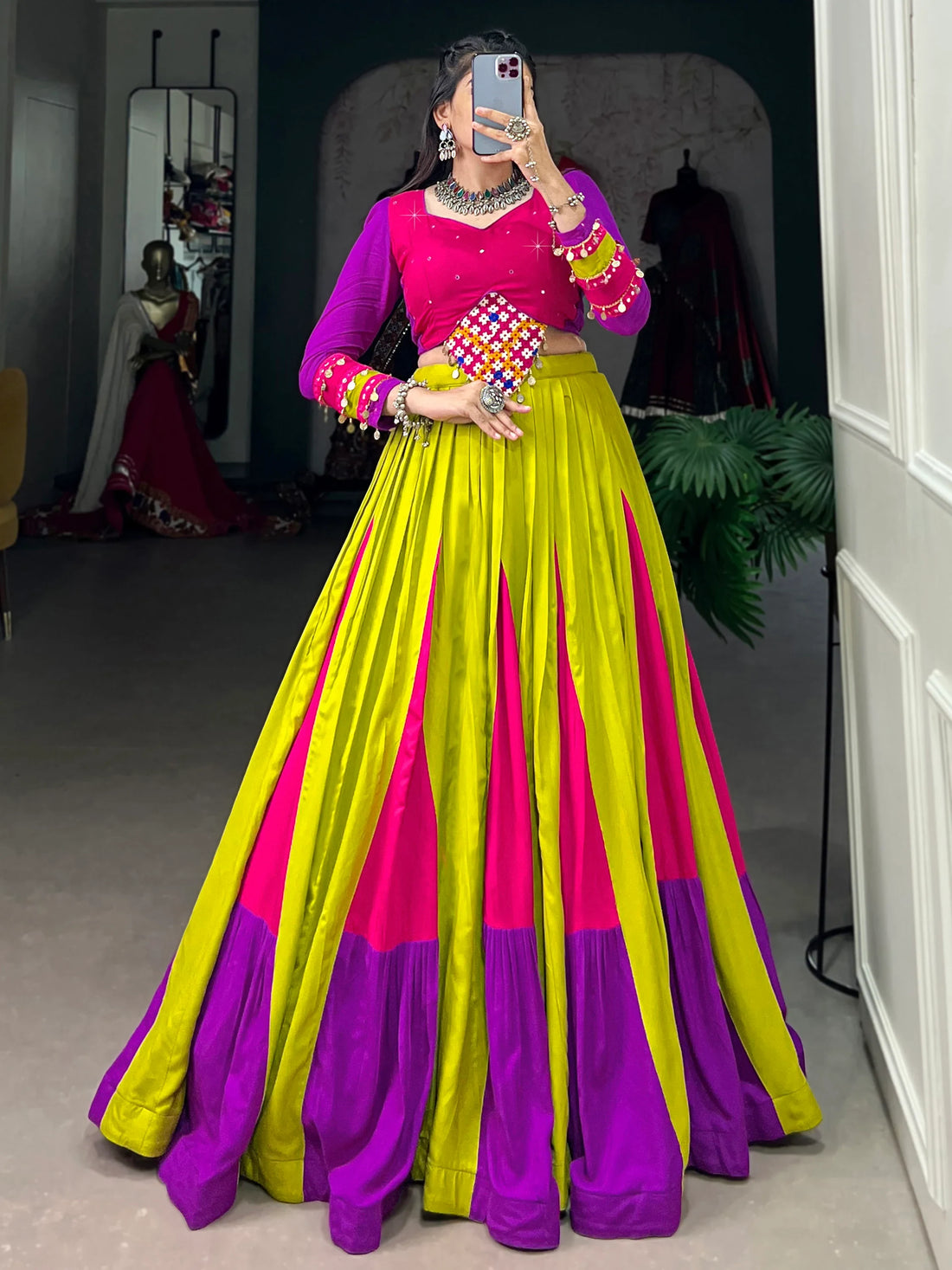 Attractive Multi-Color Mirror Work Rayon Navratri Lehenga Choli - Zeel Clothing