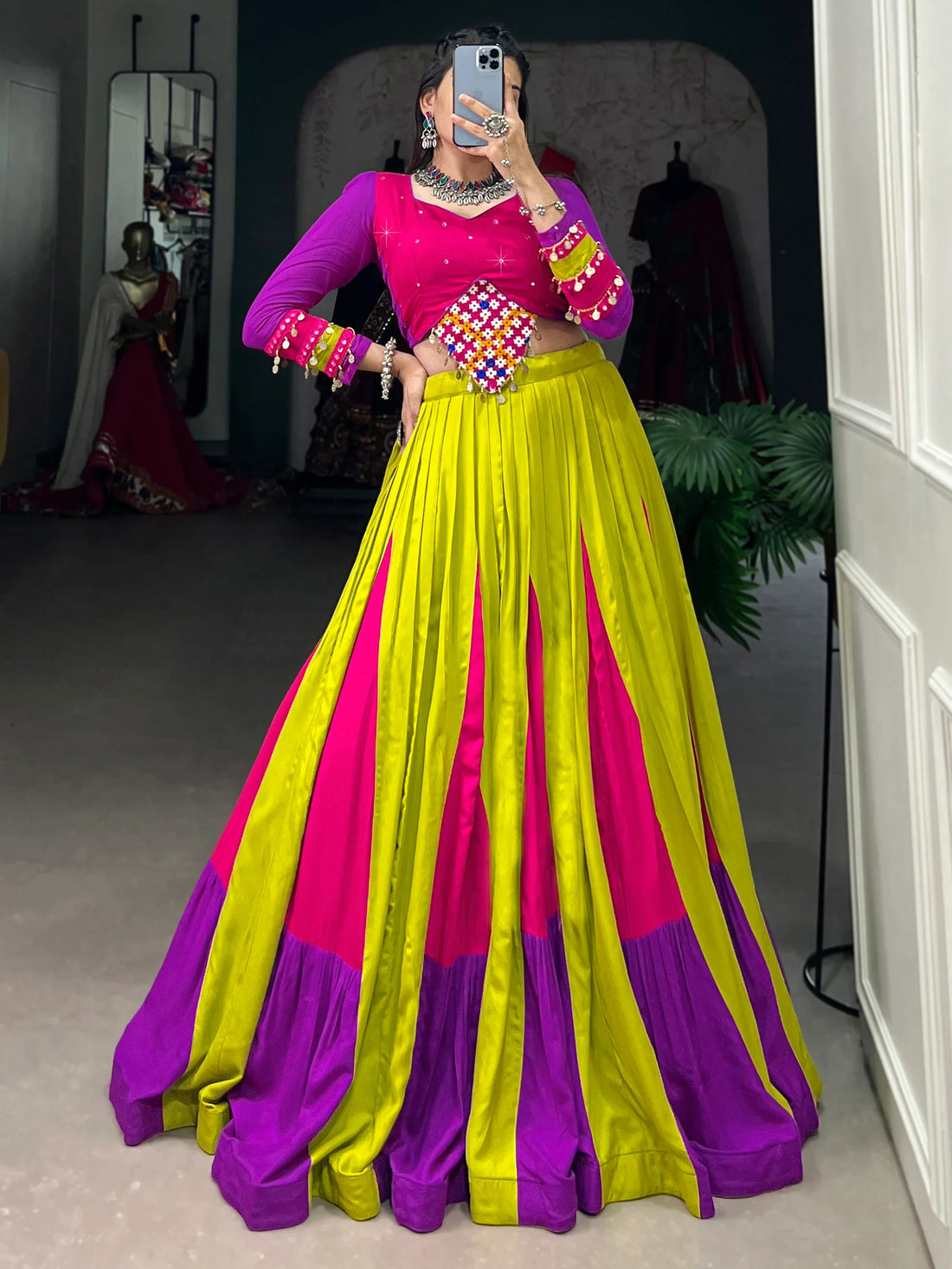 Attractive Multi-Color Mirror Work Rayon Navratri Lehenga Choli - Zeel Clothing
