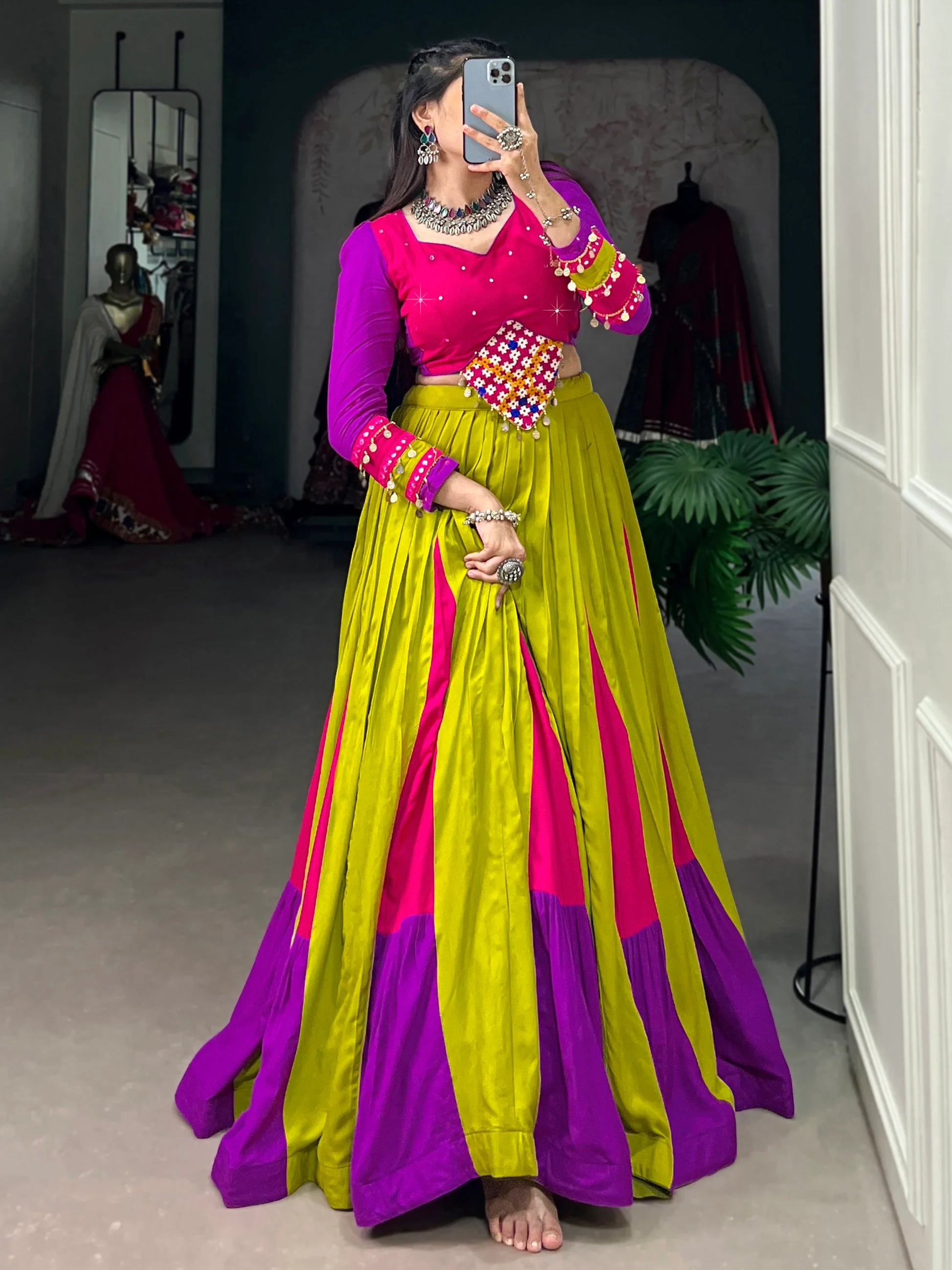 Attractive Multi-Color Mirror Work Rayon Navratri Lehenga Choli - Zeel Clothing