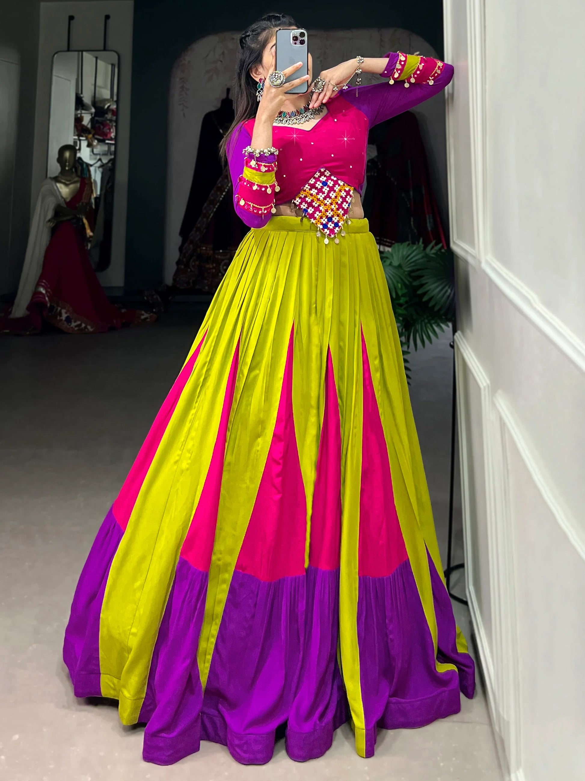 Attractive Multi-Color Mirror Work Rayon Navratri Lehenga Choli - Zeel Clothing