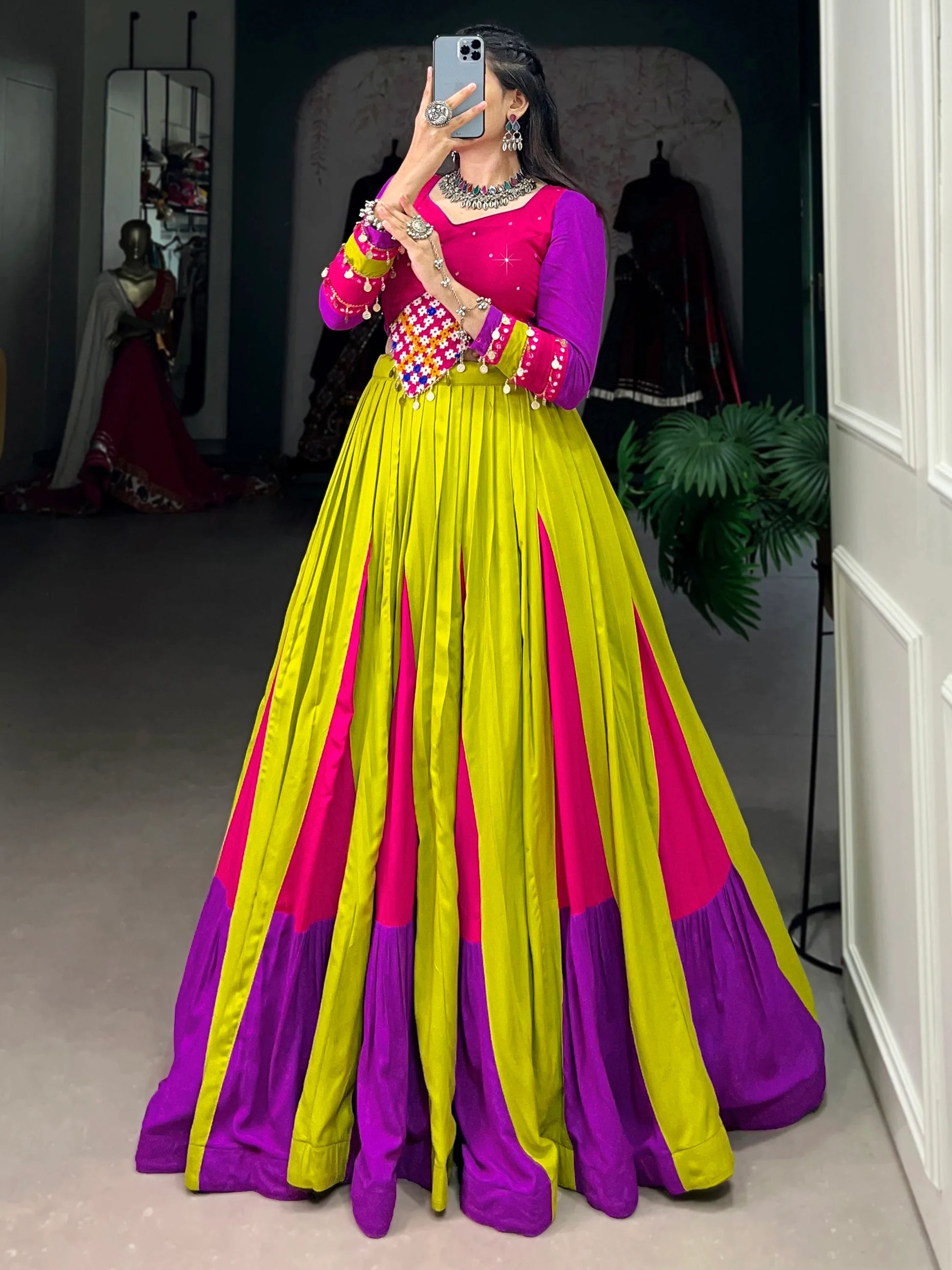 Attractive Multi-Color Mirror Work Rayon Navratri Lehenga Choli - Zeel Clothing
