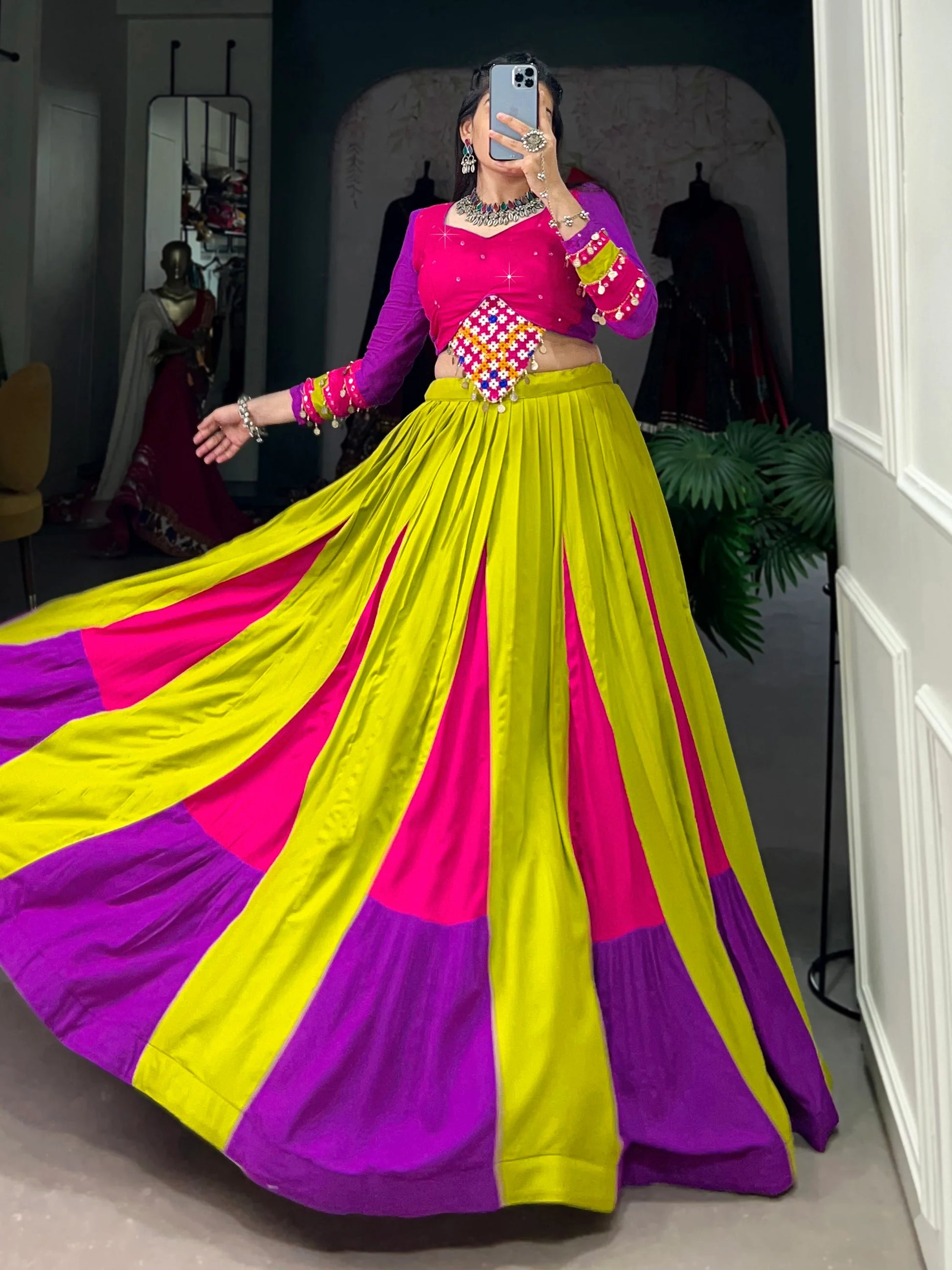 Attractive Multi-Color Mirror Work Rayon Navratri Lehenga Choli - Zeel Clothing