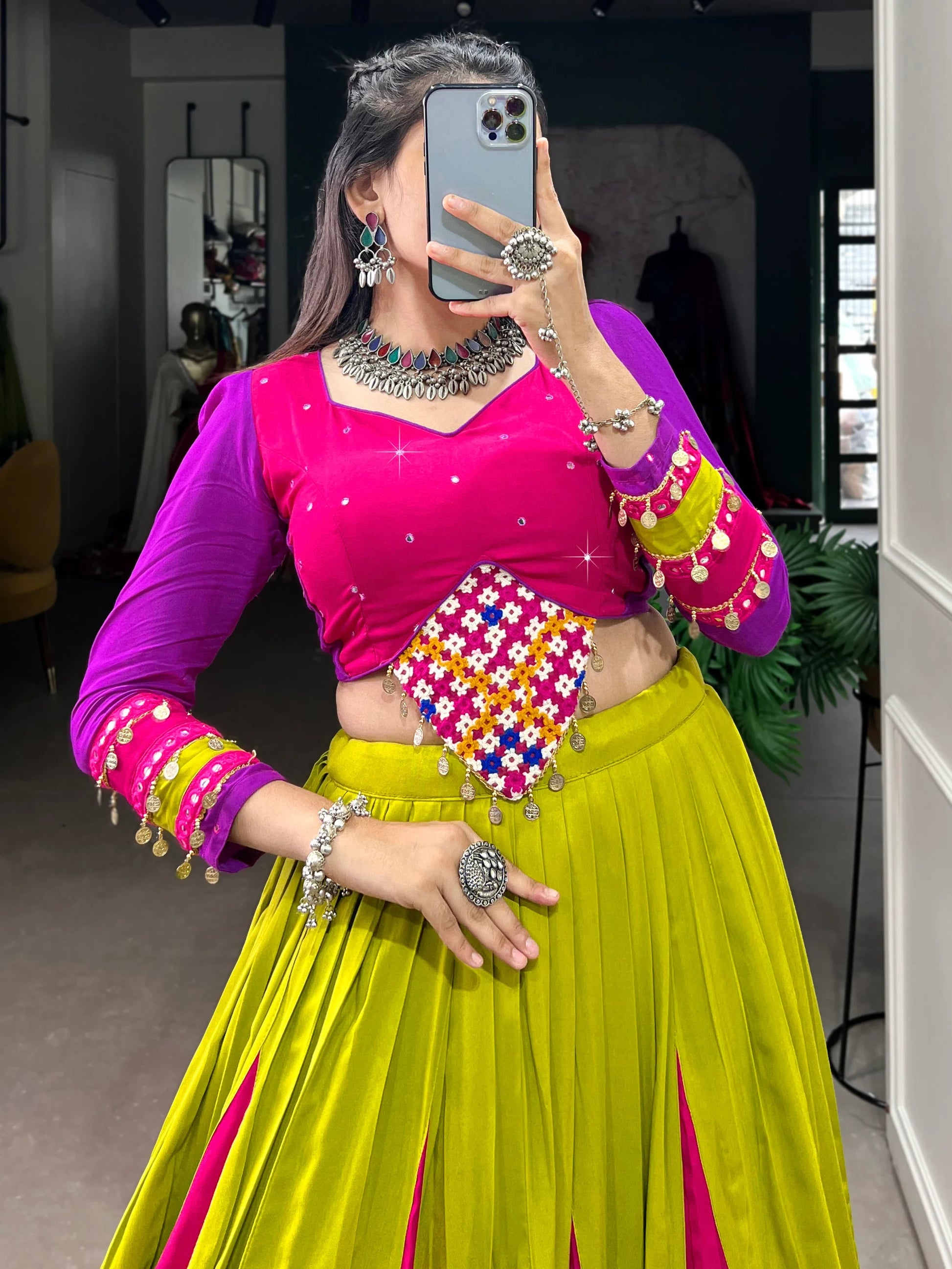Attractive Multi-Color Mirror Work Rayon Navratri Lehenga Choli - Zeel Clothing