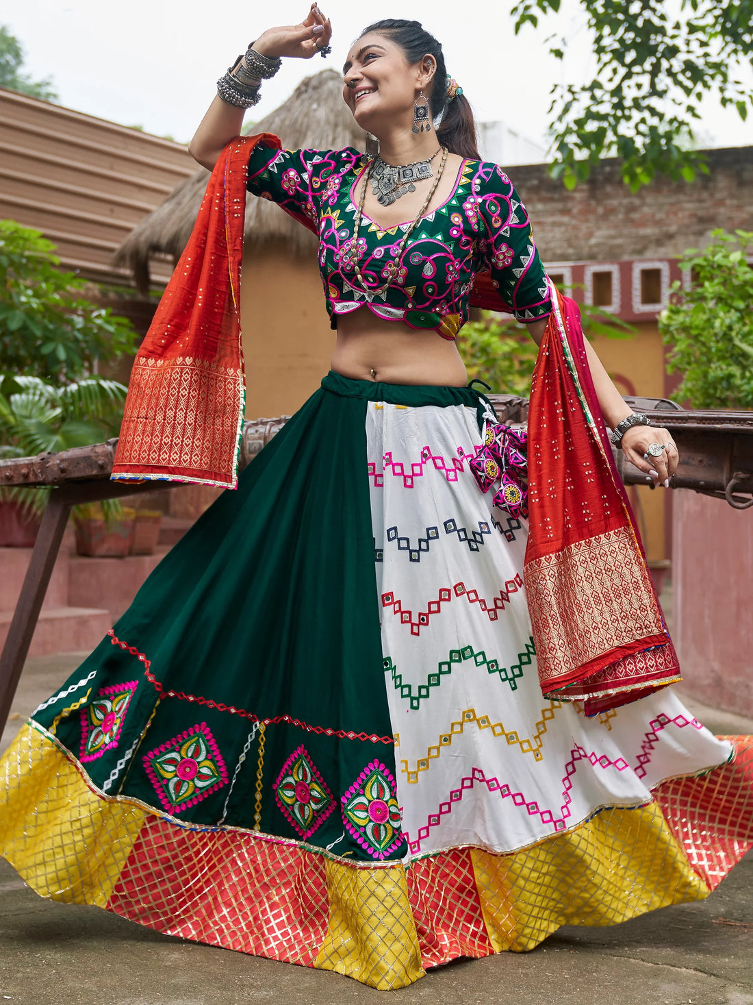 Attractive Multi-Color Mirror Work Rayon Navratri Wear Lehenga Choli - Zeel Clothing
