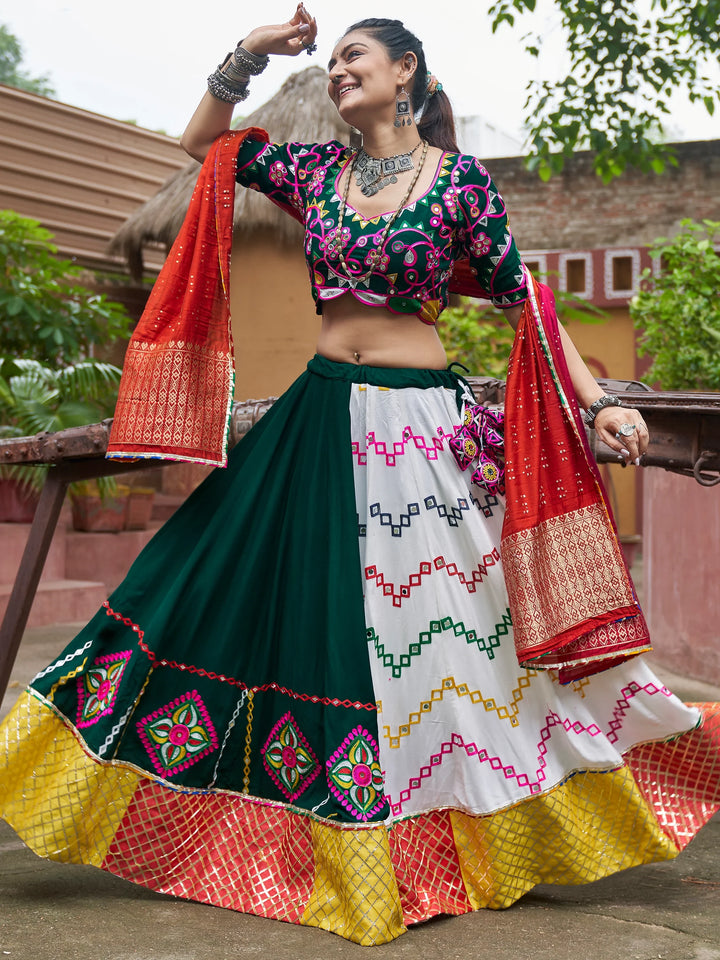Attractive Multi-Color Mirror Work Rayon Navratri Wear Lehenga Choli - Zeel Clothing
