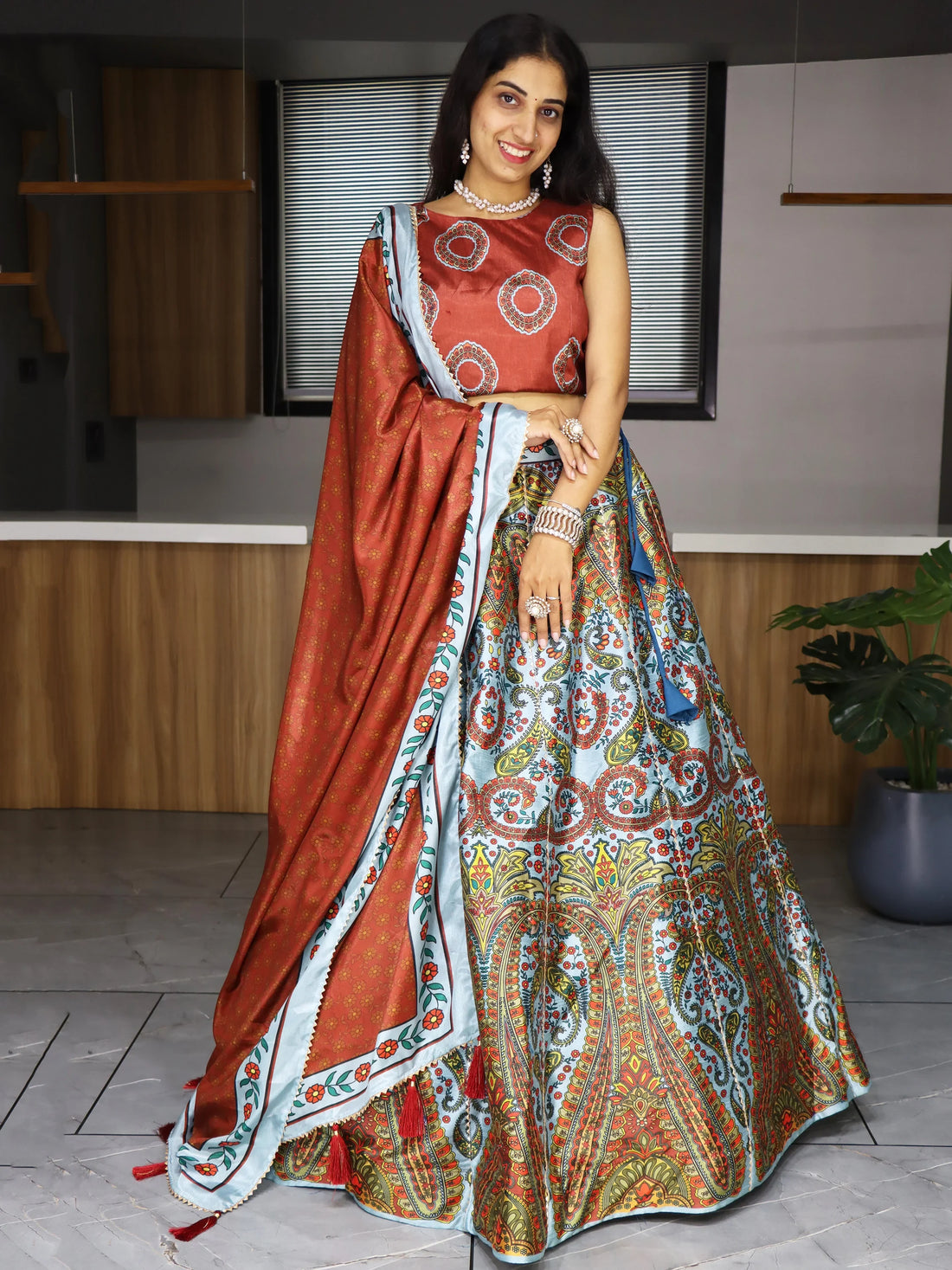 Attractive Multi-Color Printed Art Silk Lehenga Choli With Dupatta - Zeel Clothing