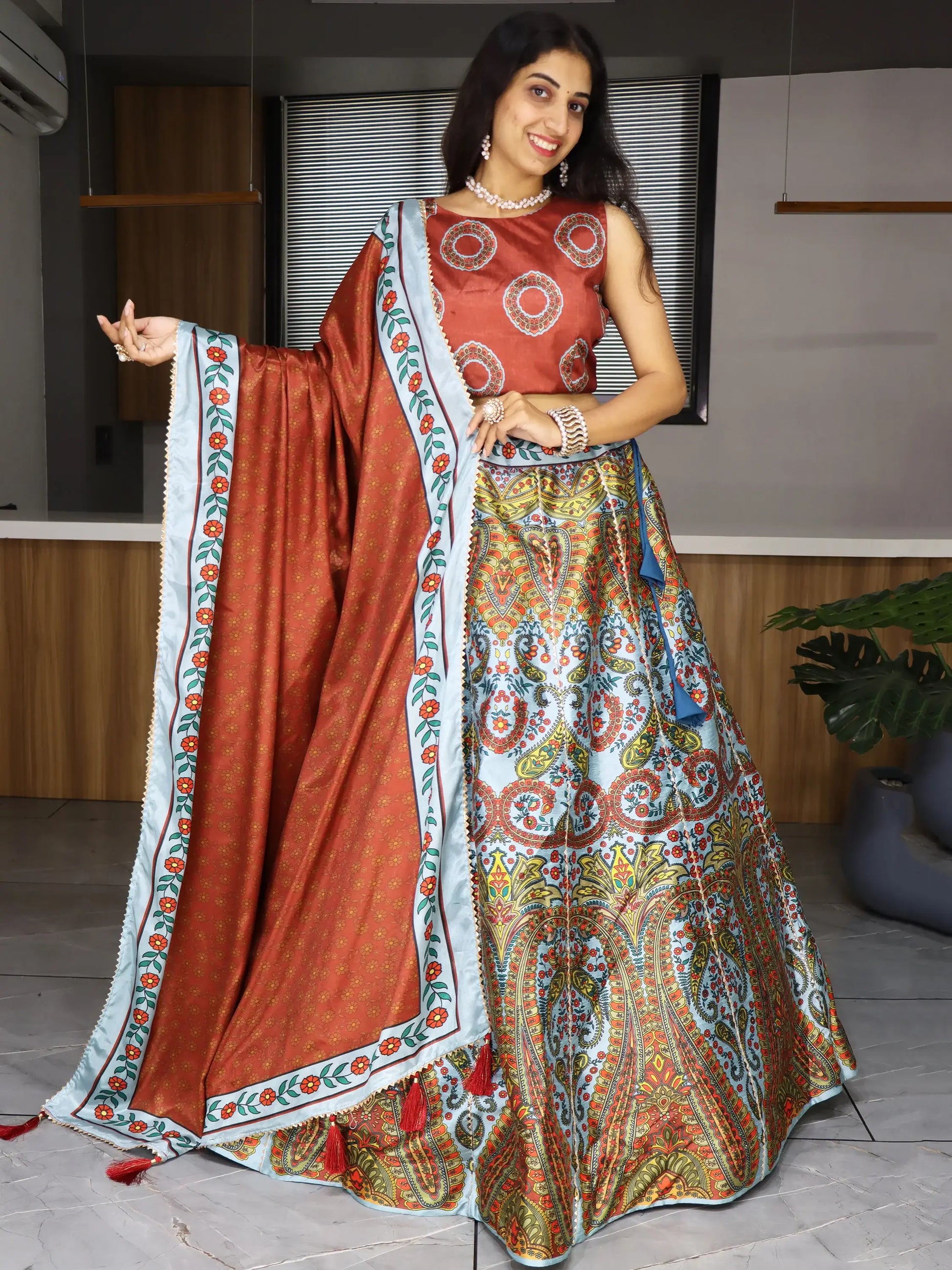 Attractive Multi-Color Printed Art Silk Lehenga Choli With Dupatta - Zeel Clothing
