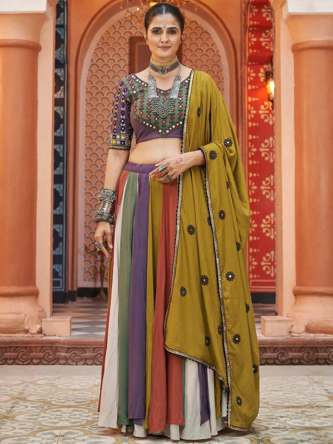 Attractive Multi-Color Rayon Navratri Lehenga Choli With Dupatta - Zeel Clothing