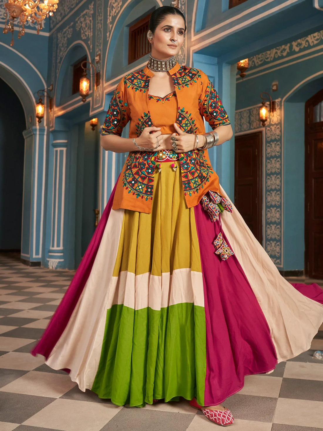 Attractive Multi-Color Rayon Navratri Lehenga Choli With Jacket - Zeel Clothing
