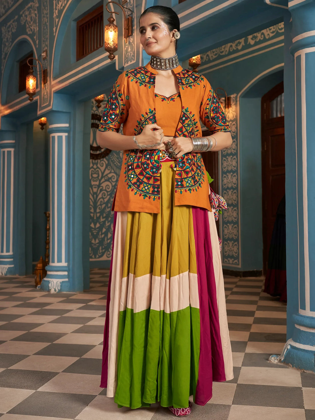 Attractive Multi-Color Rayon Navratri Lehenga Choli With Jacket - Zeel Clothing