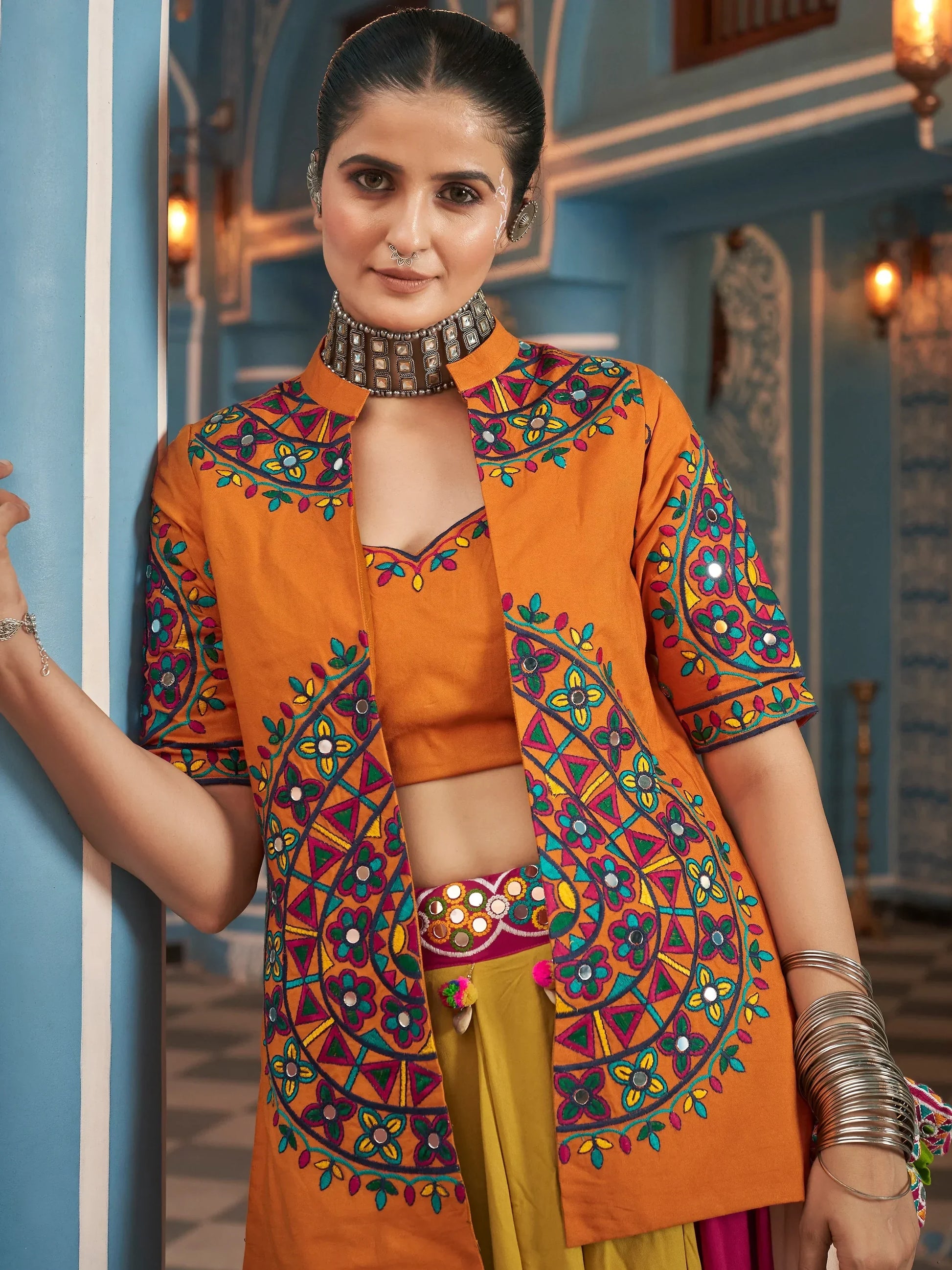 Attractive Multi-Color Rayon Navratri Lehenga Choli With Jacket - Zeel Clothing