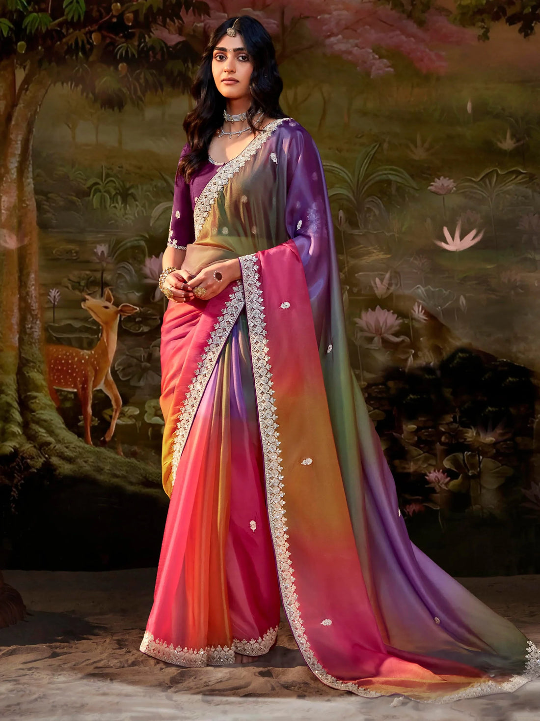 Attractive Multi-Color Sequins Organza Wedding Saree With Blouse - Zeel Clothing