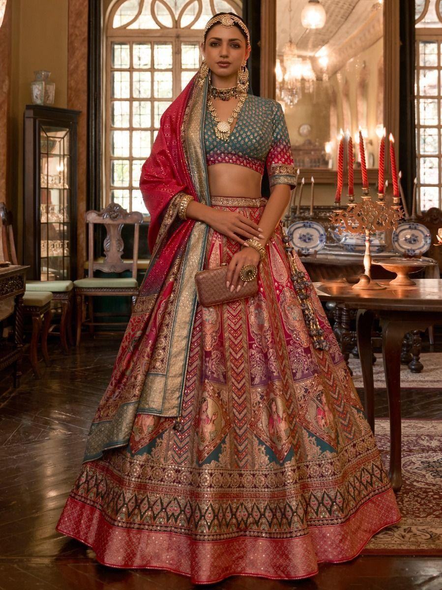 Attractive Multi-Color Woven Rajwadi Silk Lehenga Choli With Dupatta - Zeel Clothing
