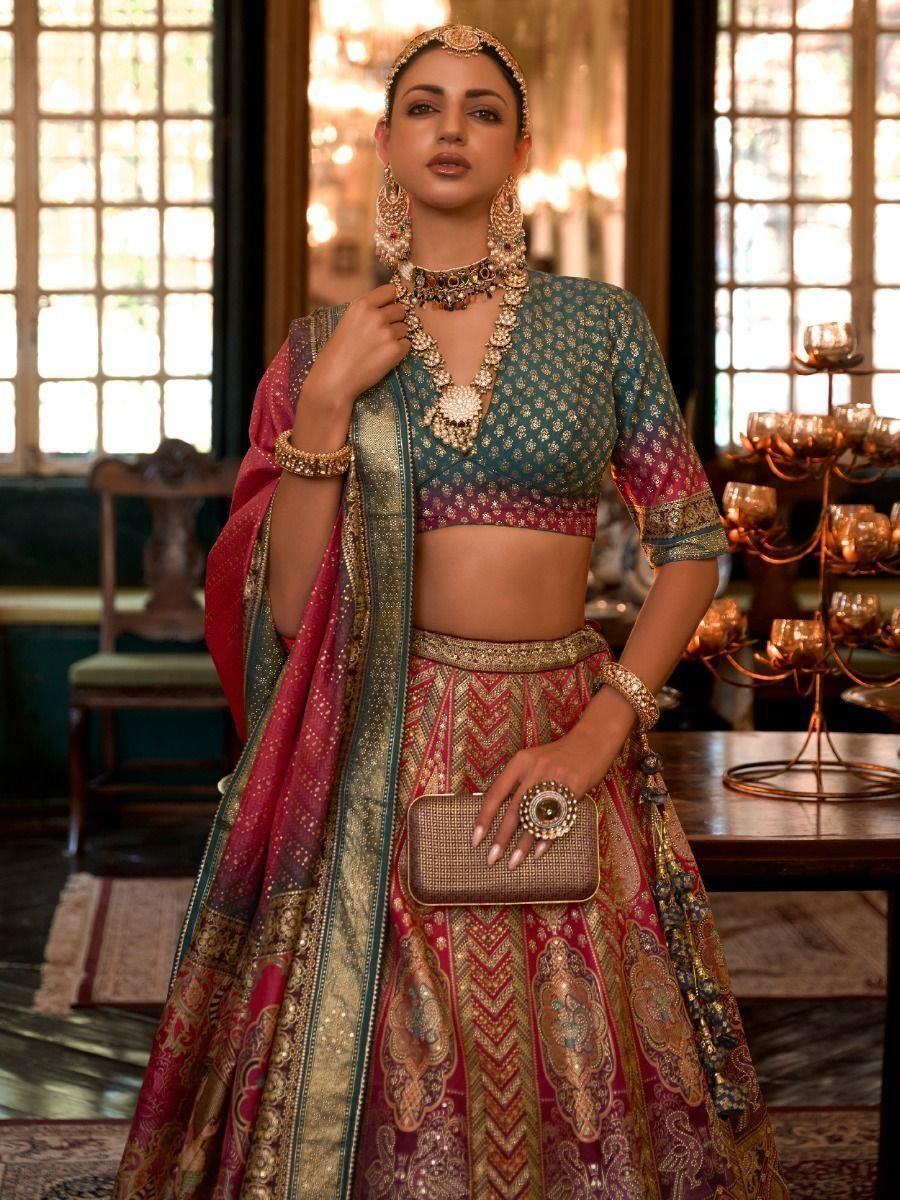 Attractive Multi-Color Woven Rajwadi Silk Lehenga Choli With Dupatta - Zeel Clothing