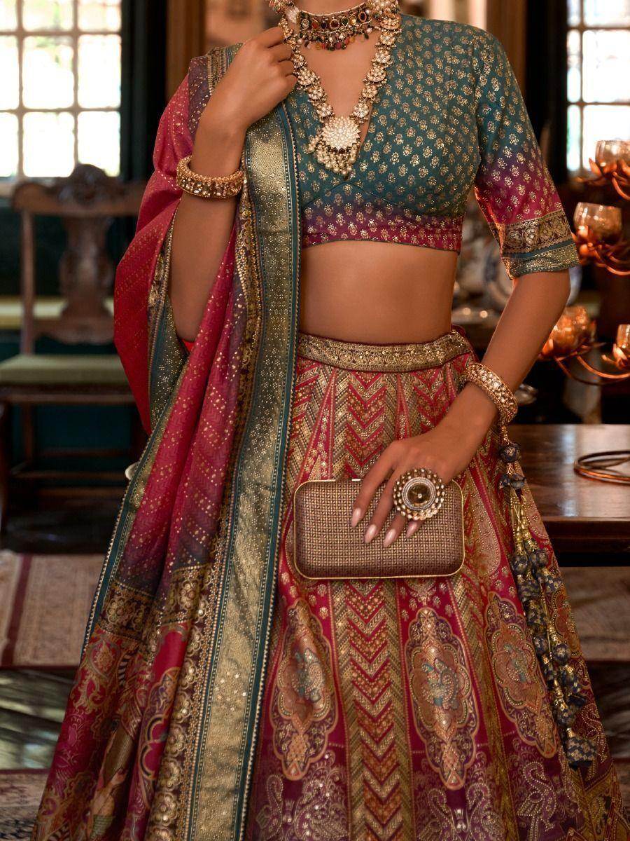 Attractive Multi-Color Woven Rajwadi Silk Lehenga Choli With Dupatta - Zeel Clothing