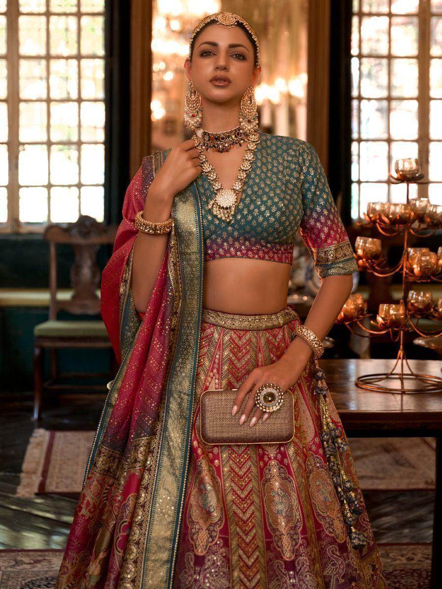 Attractive Multi-Color Woven Rajwadi Silk Lehenga Choli With Dupatta - Zeel Clothing