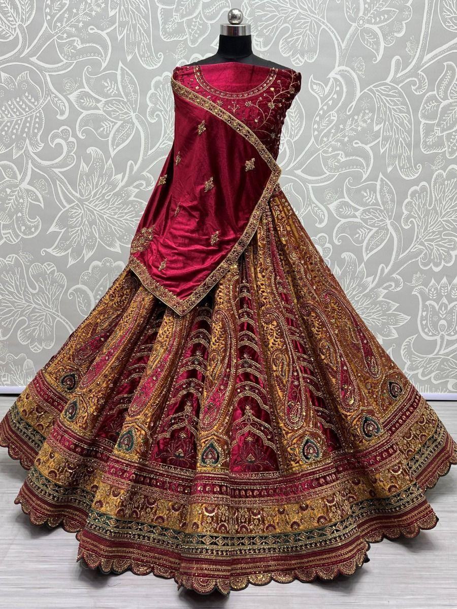 Attractive Mustard Embroidered Velvet Bridal Wear Lehenga Choli