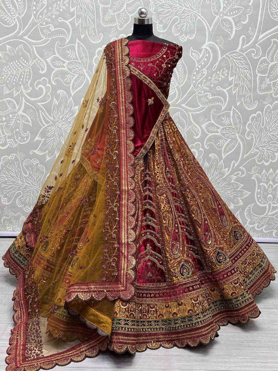 Attractive Mustard Embroidered Velvet Bridal Wear Lehenga Choli - Zeel Clothing