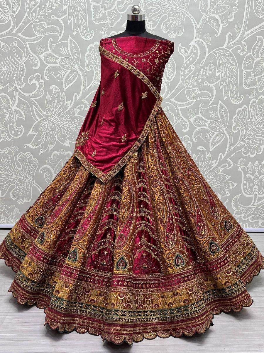 Attractive Mustard Embroidered Velvet Bridal Wear Lehenga Choli - Zeel Clothing