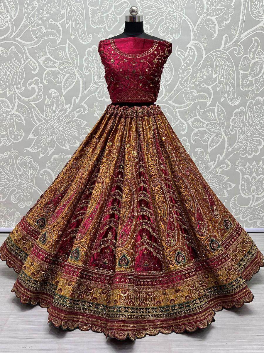 Attractive Mustard Embroidered Velvet Bridal Wear Lehenga Choli - Zeel Clothing