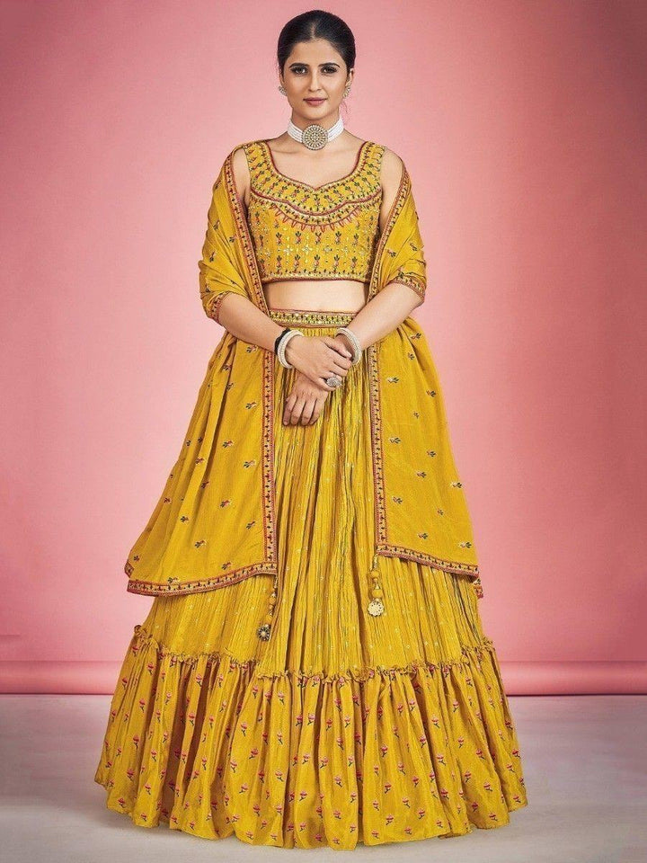 Attractive Mustard Mirror Work Georgette Lehenga Choli With Dupatta