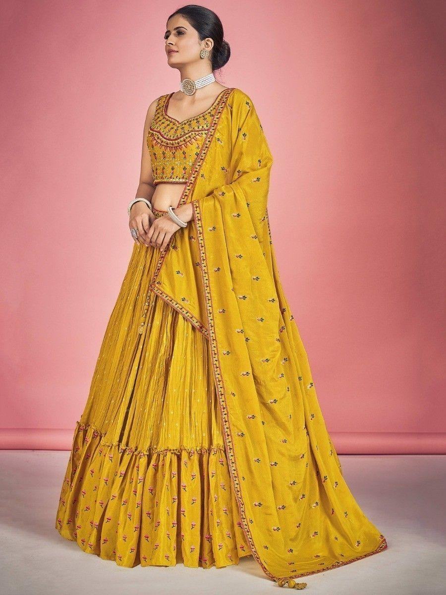 Attractive Mustard Mirror Work Georgette Lehenga Choli With Dupatta