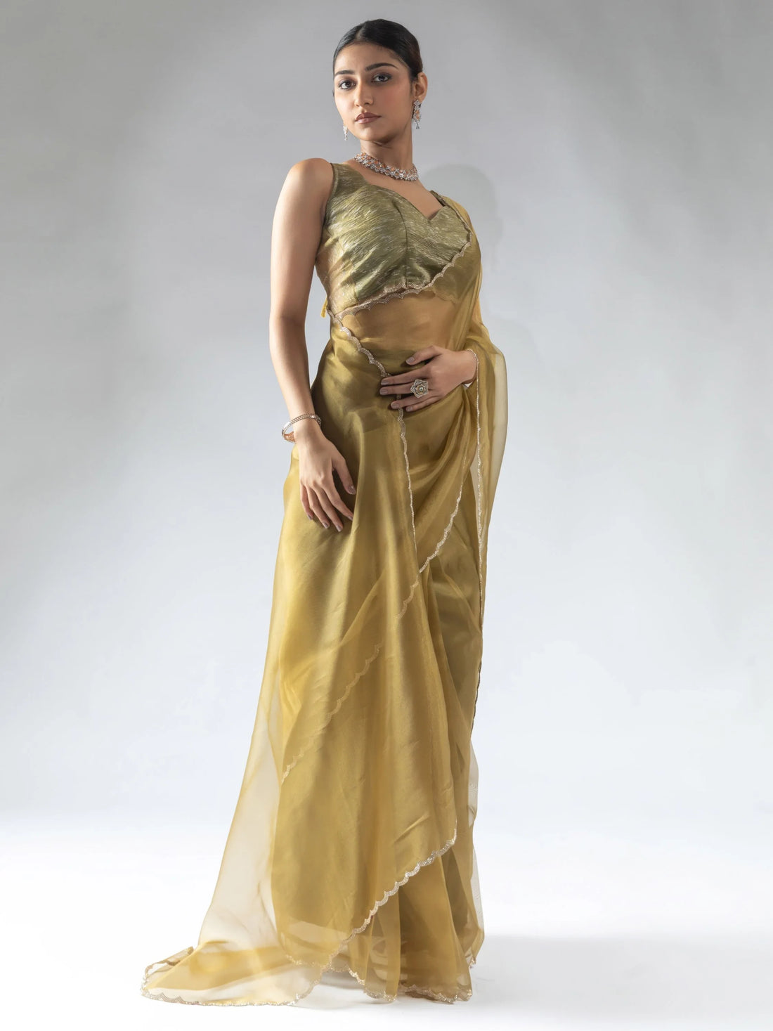 Attractive Mustard Yellow Border Work Organza Event Wear Pre-Stitched Saree - Zeel Clothing