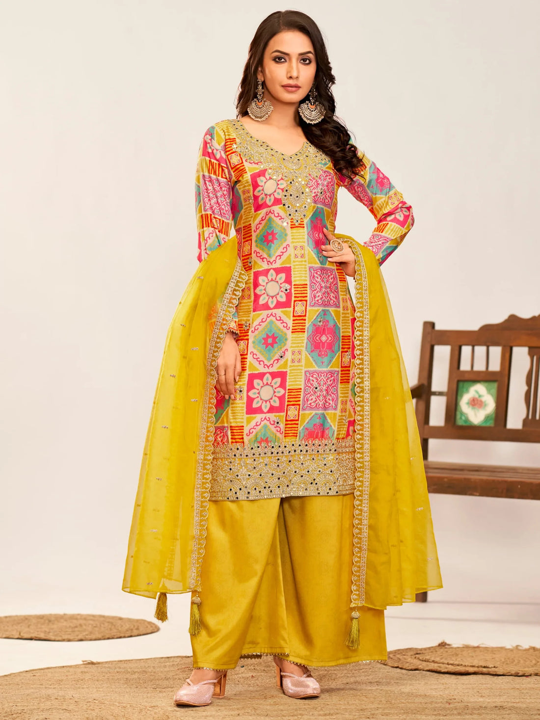Attractive Mustard Yellow Embroidered Chinon Palazzo Suit With Dupatta - Zeel Clothing