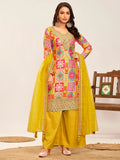 Attractive Mustard Yellow Embroidered Chinon Palazzo Suit With Dupatta - Zeel Clothing