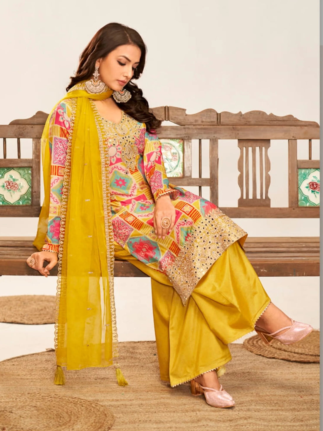 Attractive Mustard Yellow Embroidered Chinon Palazzo Suit With Dupatta - Zeel Clothing