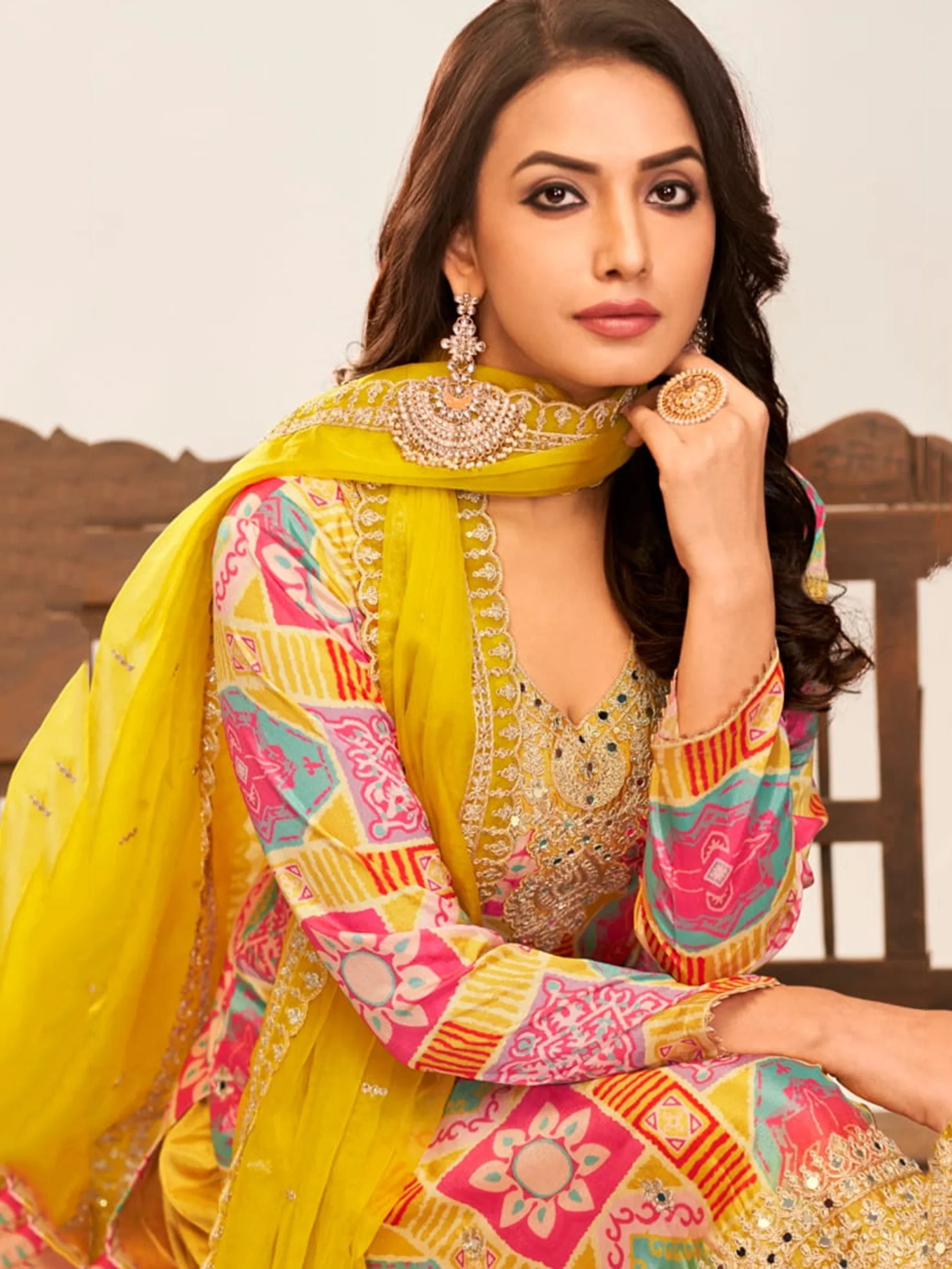 Attractive Mustard Yellow Embroidered Chinon Palazzo Suit With Dupatta - Zeel Clothing