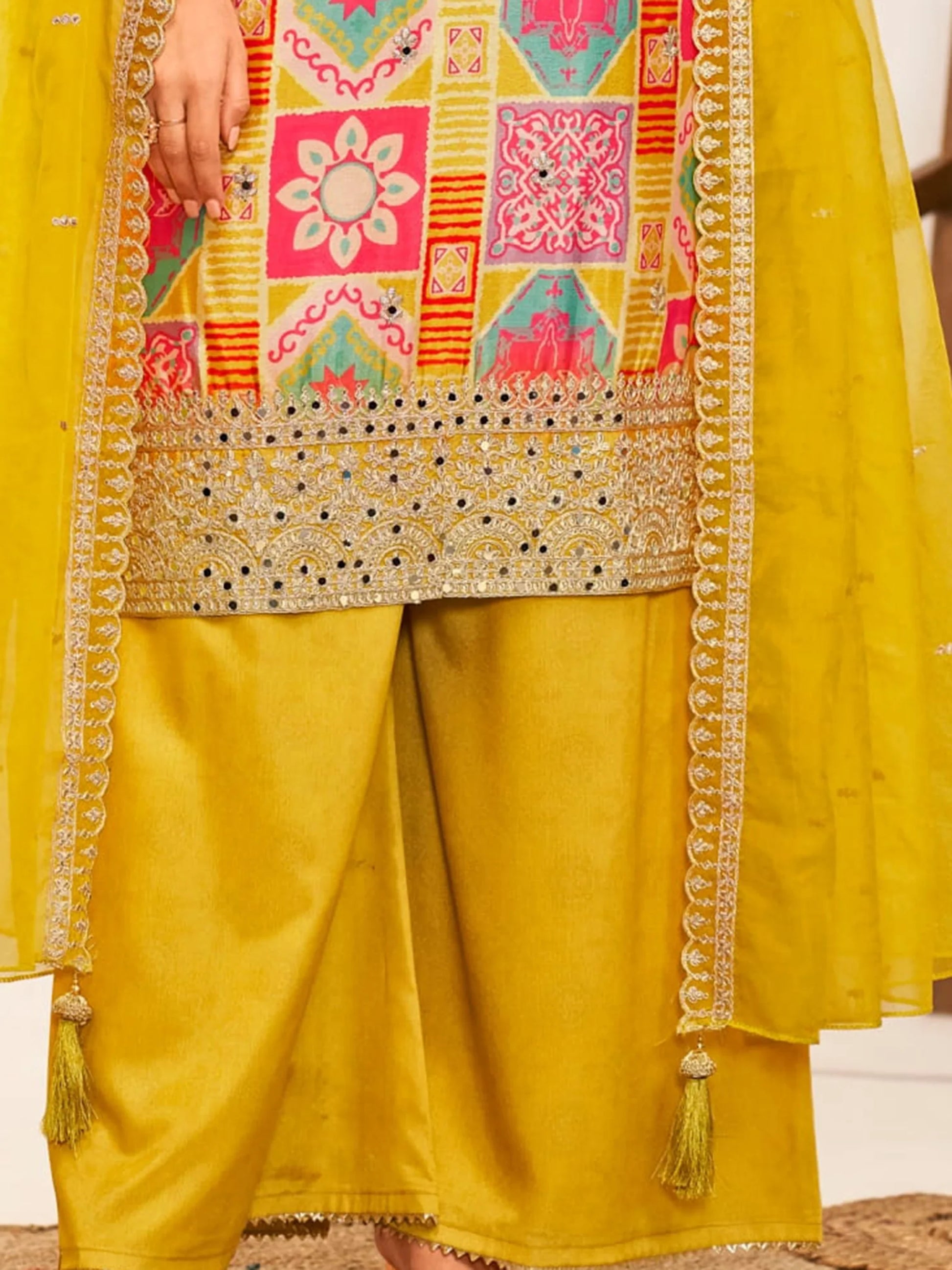Attractive Mustard Yellow Embroidered Chinon Palazzo Suit With Dupatta - Zeel Clothing
