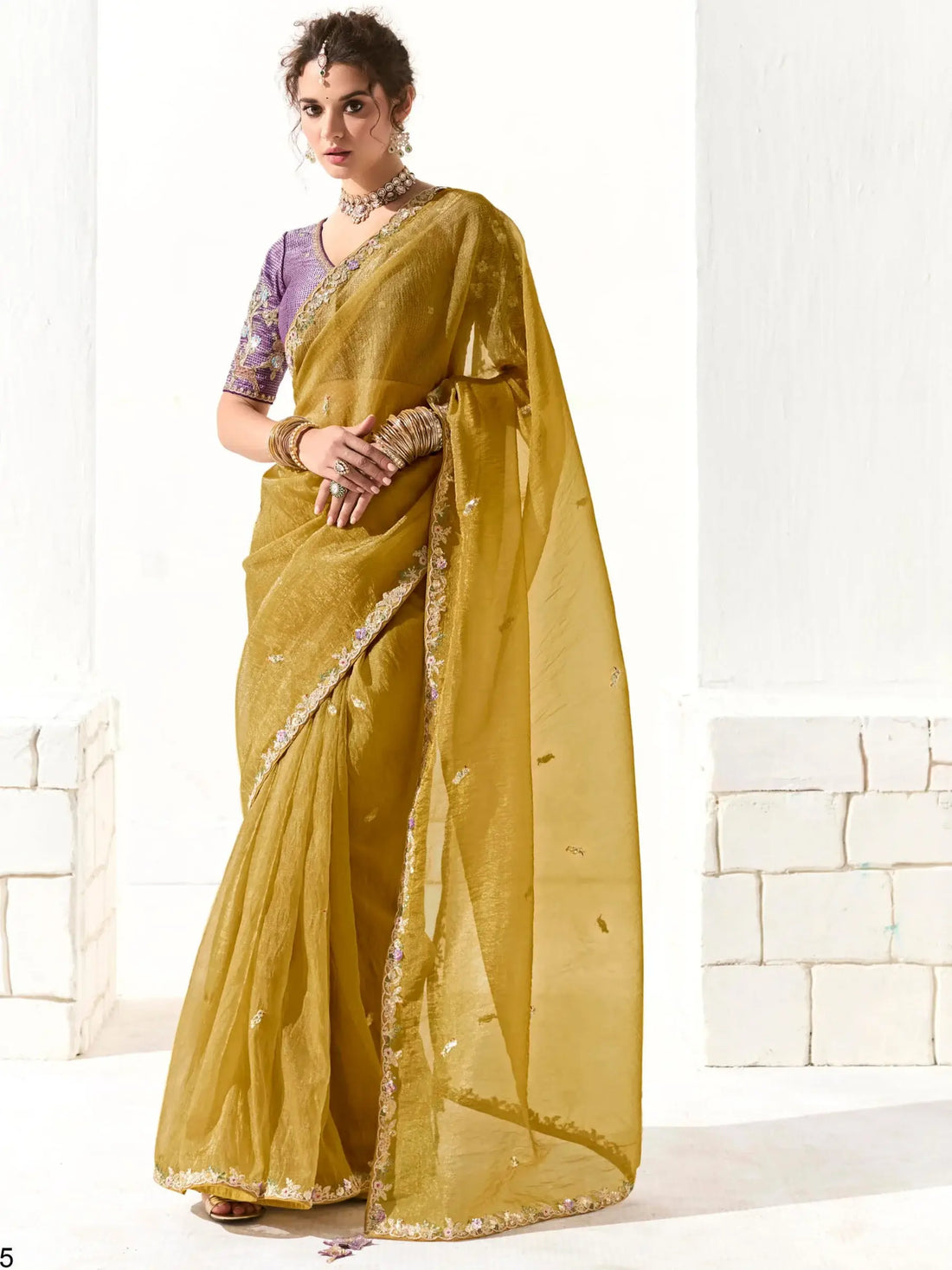 Attractive Mustard Yellow Thread Work Tissue Silk Festival Wear Saree - Zeel Clothing
