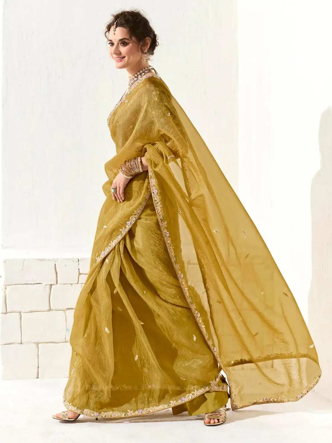 Attractive Mustard Yellow Thread Work Tissue Silk Festival Wear Saree - Zeel Clothing