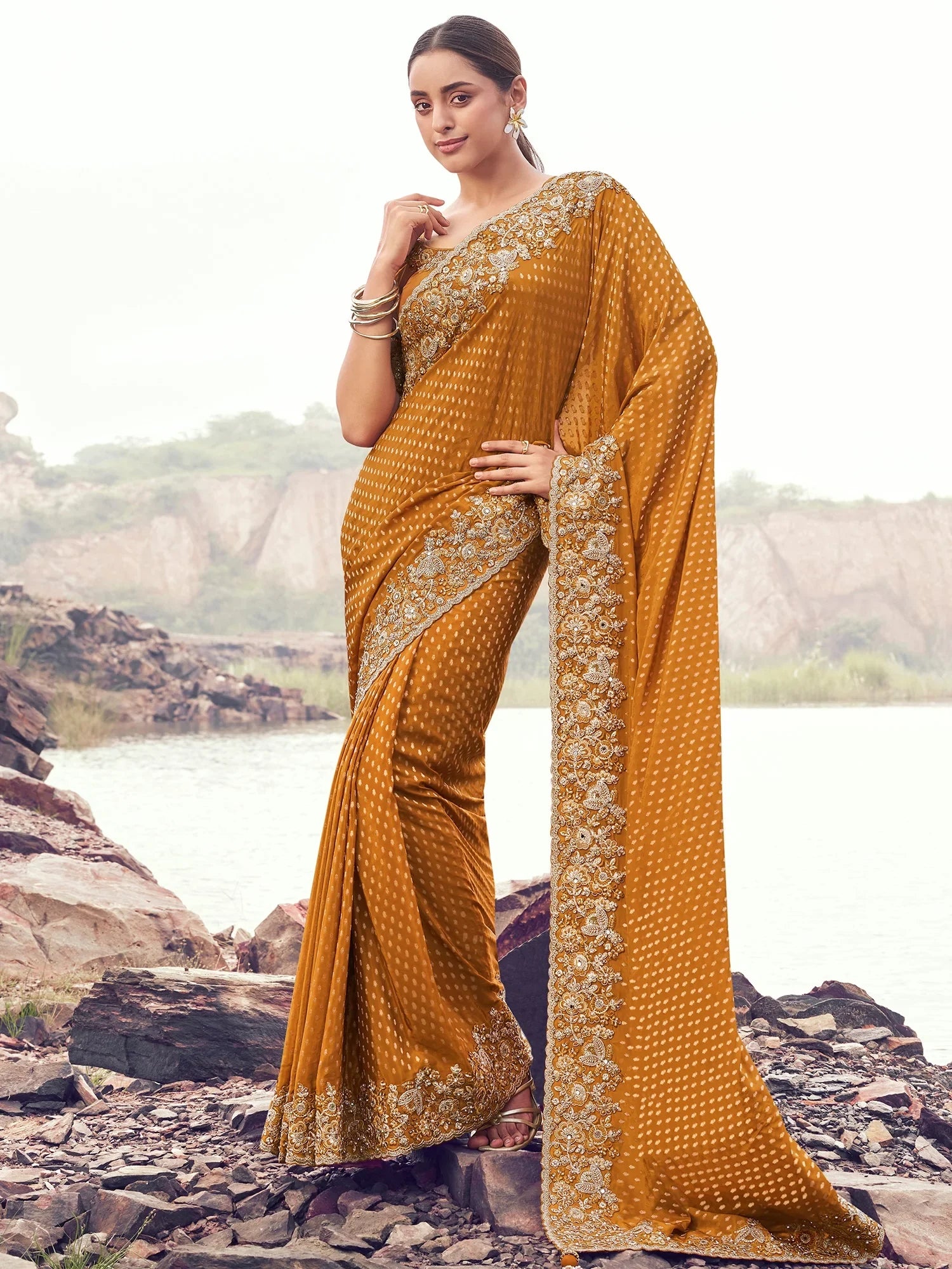 Attractive Mustard Yellow Zari Weaving Satin Haldi Wear Saree With Blouse