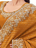 Attractive Mustard Yellow Zari Weaving Satin Haldi Wear Saree With Blouse