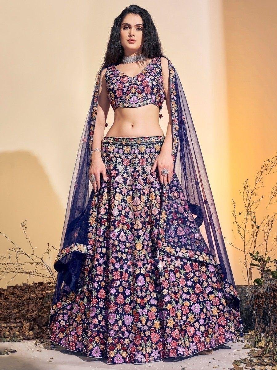 Attractive Navy Blue Embroidered Net Reception Wear Lehenga Choli - Zeel Clothing
