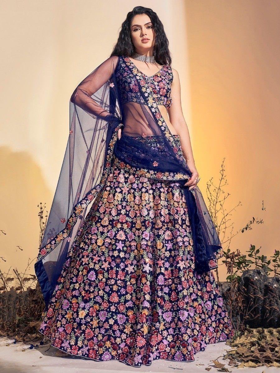 Attractive Navy Blue Embroidered Net Reception Wear Lehenga Choli - Zeel Clothing