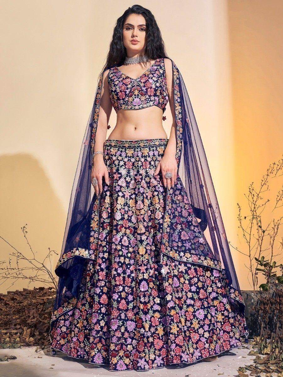Attractive Navy Blue Embroidered Net Reception Wear Lehenga Choli - Zeel Clothing