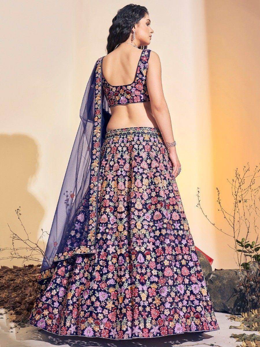 Attractive Navy Blue Embroidered Net Reception Wear Lehenga Choli - Zeel Clothing