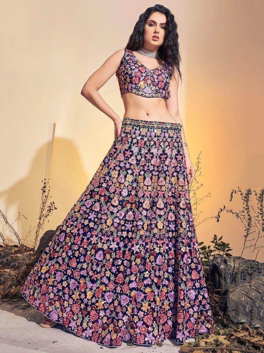 Attractive Navy Blue Embroidered Net Reception Wear Lehenga Choli - Zeel Clothing